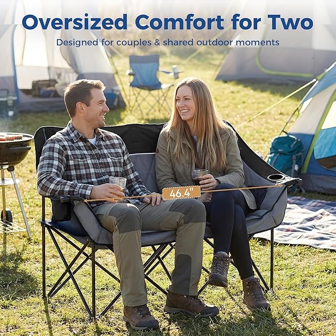 Oversized Double Camping Chair Quilted Diamond-Stitch Padded Seat Dual Cup &amp Wine Glass Holders Heavy-Duty Folding Loveseat for Outdoor Camping Beach &amp Backyard(Black)
