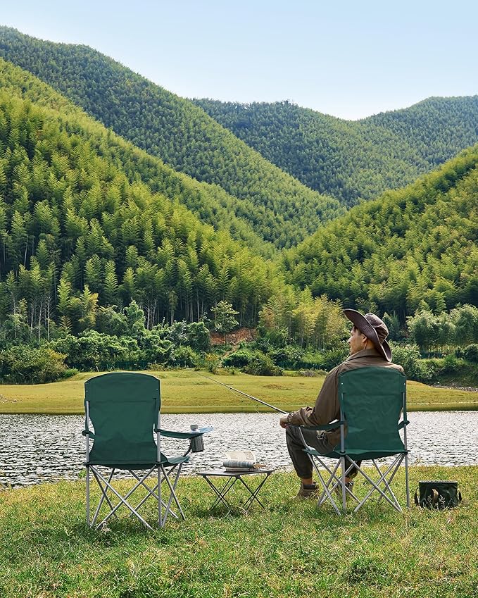 SONGMICS 2 Pack Folding Camping Chairs Load 330 lb Cup Holder and High Backrest Heavy-Duty Structure for Lawn Garden Fishing Terrace Dark Green UGCB08GN