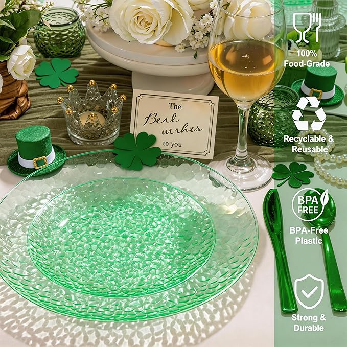 Rubtlamp 60Pcs Green Plastic Plates Heavy Duty St Patricks Day Plates With Hammered Design Green Party Disposable Plate Include 30 Dinner Plate 30 Salad Platos Fancy Plastic Platos For Easter