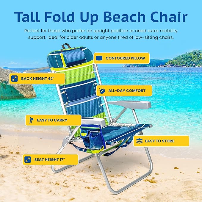 Homevative Backpack Fold-Up Beach Chair 5 Positions Towel bar Cooler Storage Pouch Cup Holder and Phone Pocket