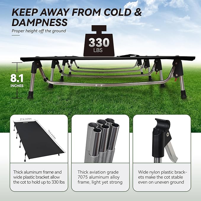 MARCHWAY Lightweight Folding Tent Camping Cot Bed with Lever Lock Easy Setup Portable Compact for Outdoor Travel Hunting Hiking Motorcycling Support 330Lbs (Black)