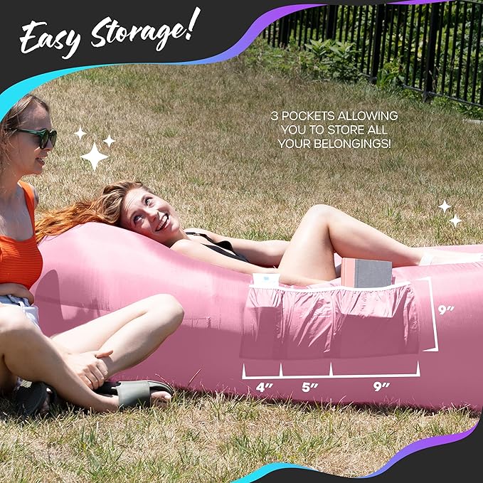 Nevlers Bubblegum Pink Inflatable Lounger | No-Pump Air Couch | 210T Polyester Outdoor Couch for Use as Portable Hammock &amp Beach Chairs | Blow Up Chair w/ 450 lbs. Capacity Pockets &amp Carry B