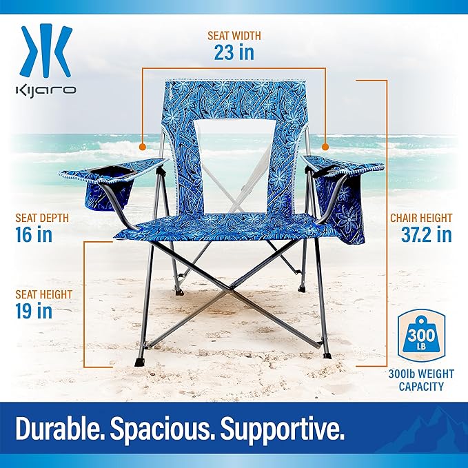 Portable Beach Chair for Adults - Kijaro Journey Print Beach Folding Chair Steel Frame Foldable Beach Chair High Beach Chair with Cooler Pocket Outdoor Folding Chair