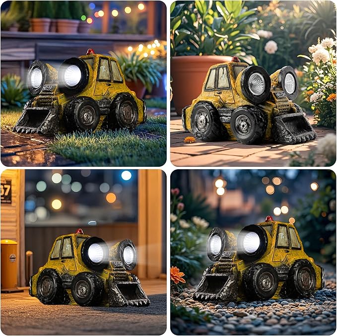 Garden Statue Outdoor Solar Truck Decor with Light Rustic Vintage Bulldozer Construction Decoration for Lawn Patio Yard Gifts for Men