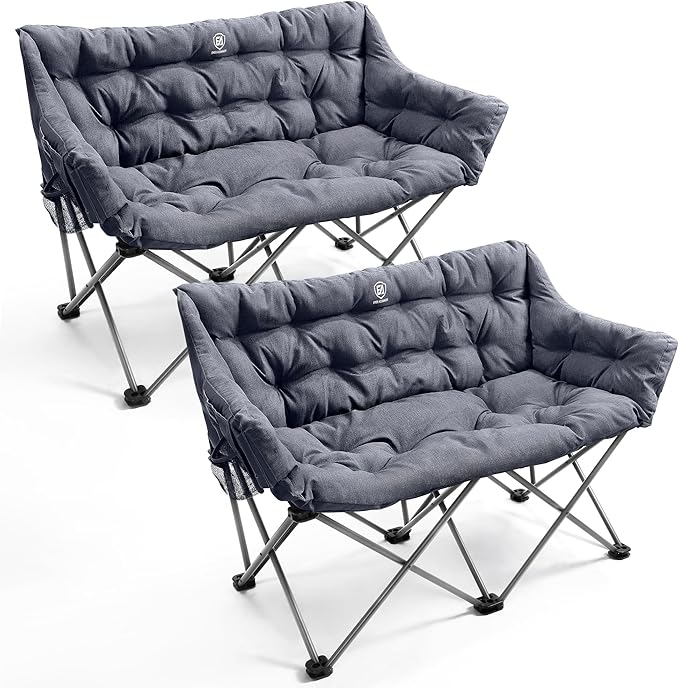 EVER ADVANCED Double Camping Chair for Adults Padded Folding Camping Love Seat Bench with Side Pocket Portable Camping Couch 2 Person Heavy Duty Outdoor Chair with CushionSupport 600lbs 2Pack