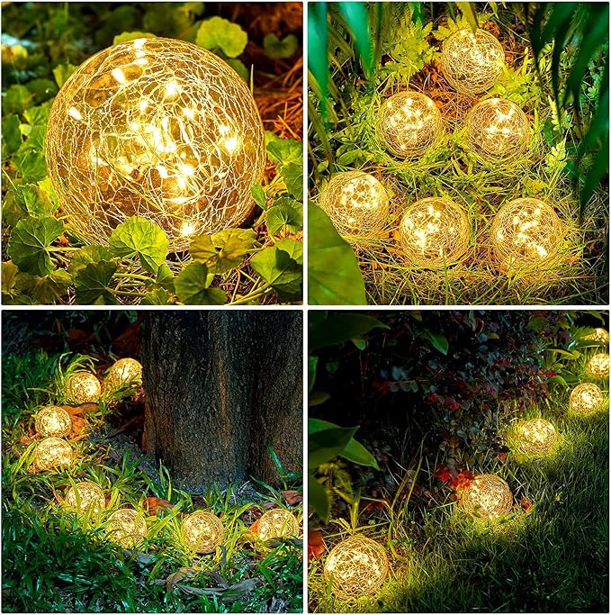 Honoson Solar Globe Lights Outdoor - Waterproof Cracked Glass Balls for Garden Patio Lawn &amp Yard Warm White Solar LED Lights with Easy Installation &amp Durable Design(3.9 Inch4 Pieces)