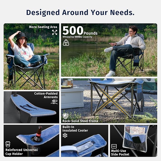 EAST OAK Oversized Camping Chair Heavy Duty Camping Chairs for Adults 500LBS Support 600D Oxford Cup Holder &amp Side Pocket Ideal for Camping Beach Sports Events Backyard &amp Tailgating Gray