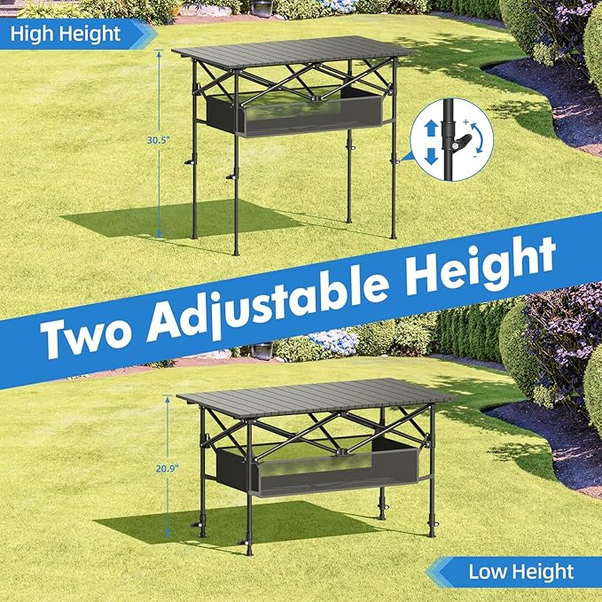 Camping Table Folding Portable Lightweight Roll Up Camp Table Adjustable Height with Carry Bag Indoor Outdoor for Camping Picnic Backyard BBQ Patio Black