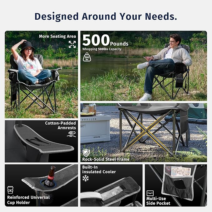 East Oak Oversized Camping Chair | Heavy Duty Camping Chairs | 500LBS Support 600D Oxford Cup Holder &amp Side Pocket | Ideal for Camping Beach Sports Events Backyard &amp Tailgating | Gray