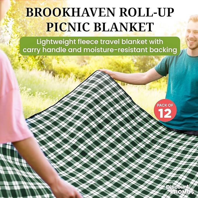DISCOUNT PROMOS Custom Brookhaven Roll Up Picnic Blankets Set of 12 Personalized Bulk Pack - Great Outdoor Blanket for Camping Picnic Beach Sports Outdoor Activities - Green