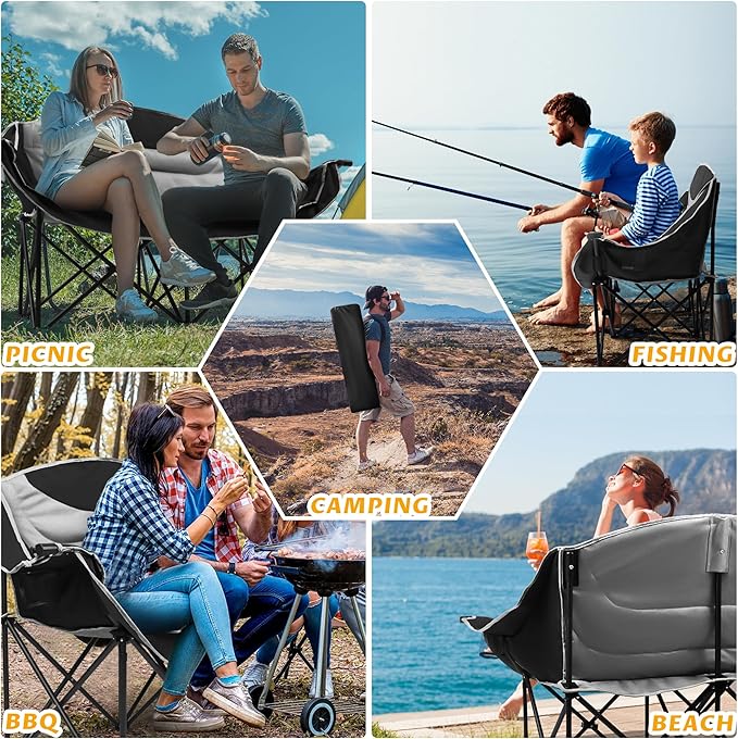 UBALANCE Double Camping Chair for Adults - Heavy Duty 650LBS Portable Camping Chairs Oversized Camping Loveseat Folding Camping Chair for Garden Lawn Sport Picnic Beach Fishing (Gray)
