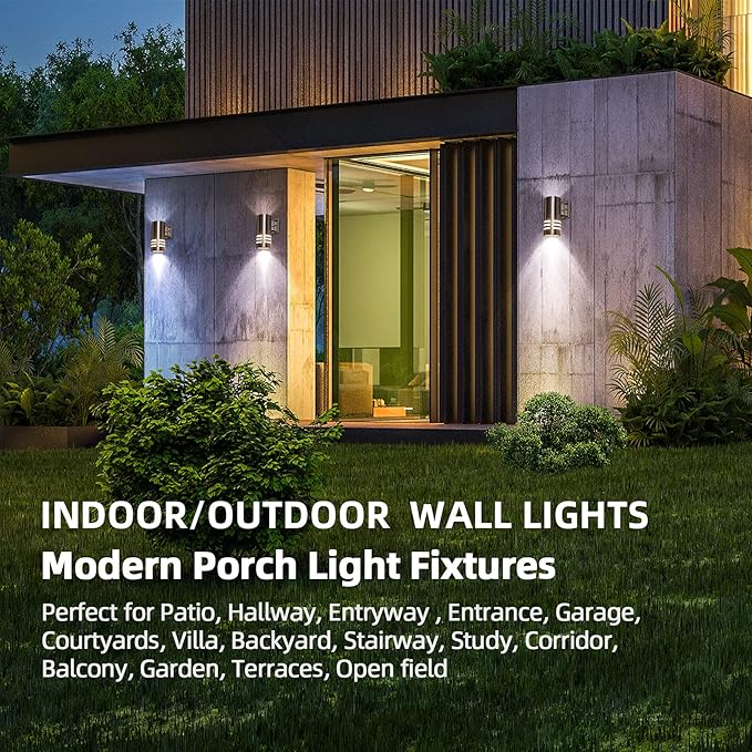 Outdoor Wall SconceCylinder Wall Light with Stainless Steel 304 and Toughened GlassWaterproof Up Down Light for Garden Patio Bedroom Living Room (Brushed Nickel 8.7 HeightNo Bulbs)