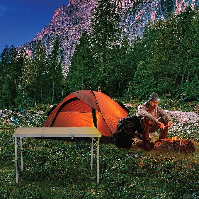 ARROWHEAD OUTDOOR 4’ ft Heavy-Duty Portable Aluminum Frame Folding Table w/Leveling Feet Solid Tabletop Surface 2 Adjustable Heights Carrying Case Included Lightweight USA-Based Support