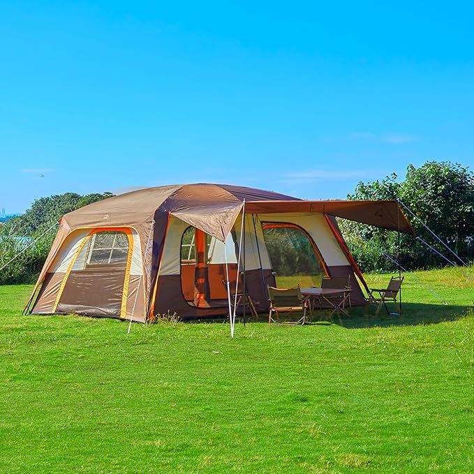 KTT Extra Large Tent 12-14 PersonFamily Cabin Tents2 RoomsStraight Wall2 Doors 4 Windows with MeshWaterproofStraight WallBig Tent for OutdoorPicnicCampingGathering(Brown)