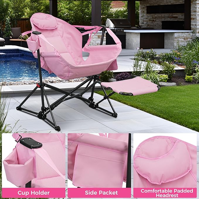 Ainfox Hammock Camping Chair with Footrest Foldable Rocking Chairs for Adults Outside Swinging Camp with Cup Holder Pillow for Outdoor Patio Garden (Pink)