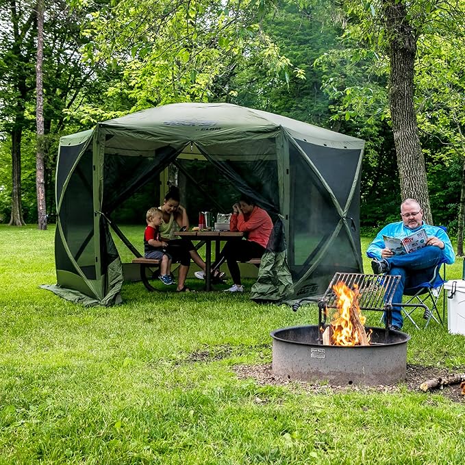 CLAM Pop Up Screen Tent Outdoor Camping Gazebo Canopy Escape 11.5' Green - Heavy-Duty Portable Screened Shelter with Netting for Beach Patio and Backyard