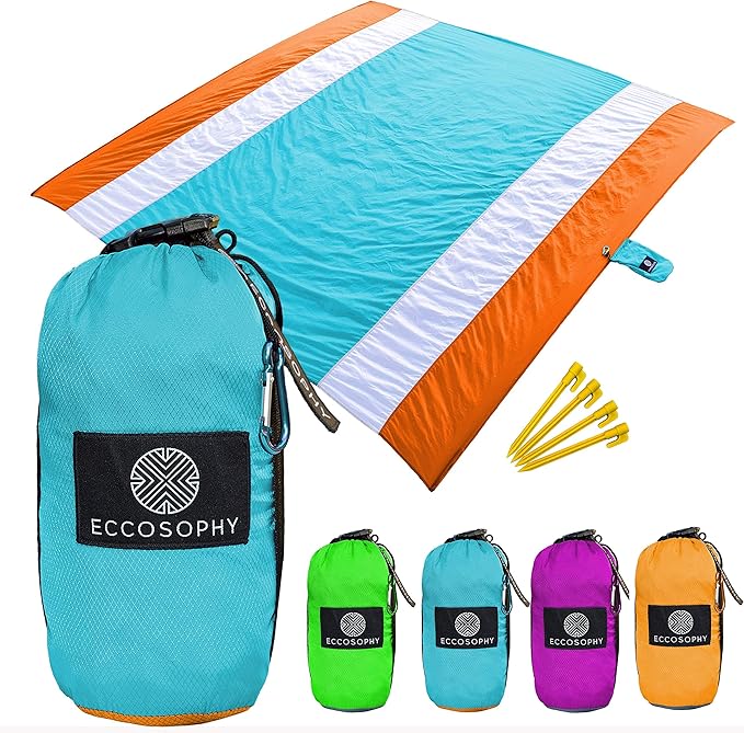 ECCOSOPHY Sandproof Beach Blanket - Oversized Sand Free Beach Mat 9'x10' - Lightweight Outdoor Picnic Blanket Anchored with 4 Corner Sand Pockets &amp Plastic Stakes - Heat Proof Quick Drying &amp