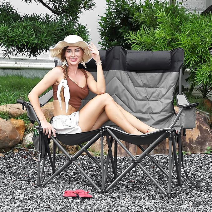 Oversized Double Camping Chairs Heavy Duty Padded Loveseat Chair - 900 LBS Support for Adult - Comfortable Camping Chair with High Back &amp Pillow