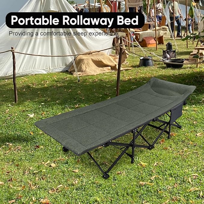Northroad Camping Cot for Adults with Cushion and Pillow Portable Folding Bed for Sleeping Lightweight Tent cot with Carry Bag Supports 450 lbs (Green)