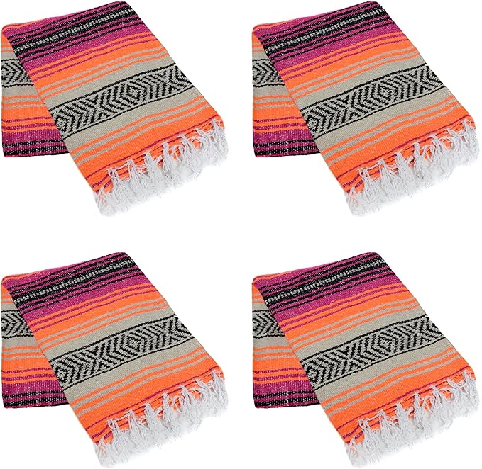 La Montana Mexican Blankets and Throws 4 Pack 74x50 - Made in Mexico Lightweight Yoga Blanket for Schools Studios Outdoors Camping Picnic Decor - Machine Washable Hot Pink/Orange/Tan