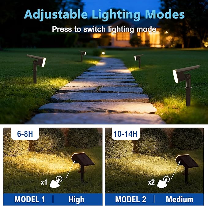 Solar Lights Outdoor Waterproof IP65Auto On/Off 2700K 2 Lighting Modes Super Bright LED Solar Powered Yard Garden Solar Spot Lights for Outside Landscape -8 Pack