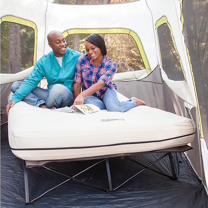 Coleman Queen-Size Airbed Cot Combination Folding Air Mattress with Steel Frame &amp Side Table Battery Pump Included Great for Camping Lounging Elevated Sleeping Guests &amp More