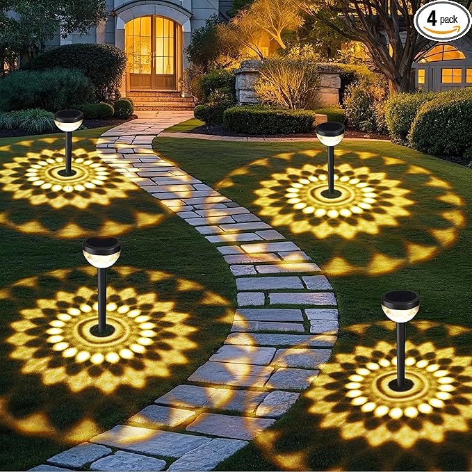 4 Pack Solar Flood Light Security LightsPathway Lights with 2CCT(Warm and Cool) Light ModesBright Pattern Solar Decorative Lights Outdoor