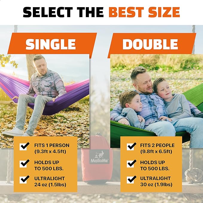 MalloMe Camping Hammock for Adults &amp Kids - Portable Hammocks for Outside - Hamacas para Adultos Outdoor Single &amp Double Two 2 Person Hammock - Hamaca/Hamacs/Amacas Heavy Duty Tree Travel Hamo