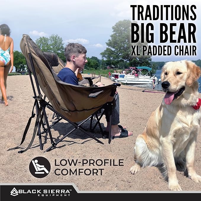 Black Sierra Deluxe Padded Camping Chair for Sports &amp Outdoors Oversize XL Outdoor Folding Chair Supports 400 lbs Heavy Duty Seat w/Dual Cup Holders/Carry Bag Perfect for RV Tailgating Glampin