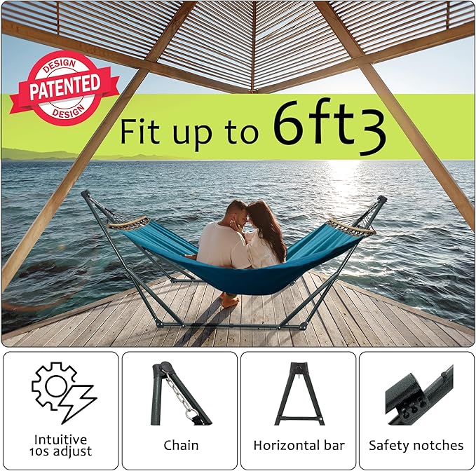Tranquillo Hammock with Stand Heavy-Duty Hammock Quick Fold Unfold Steel Frame Hammock Canvas Portable Hammock Stand Spreader Bar 600 lbs Capacity Portable Relaxation Gear Blue
