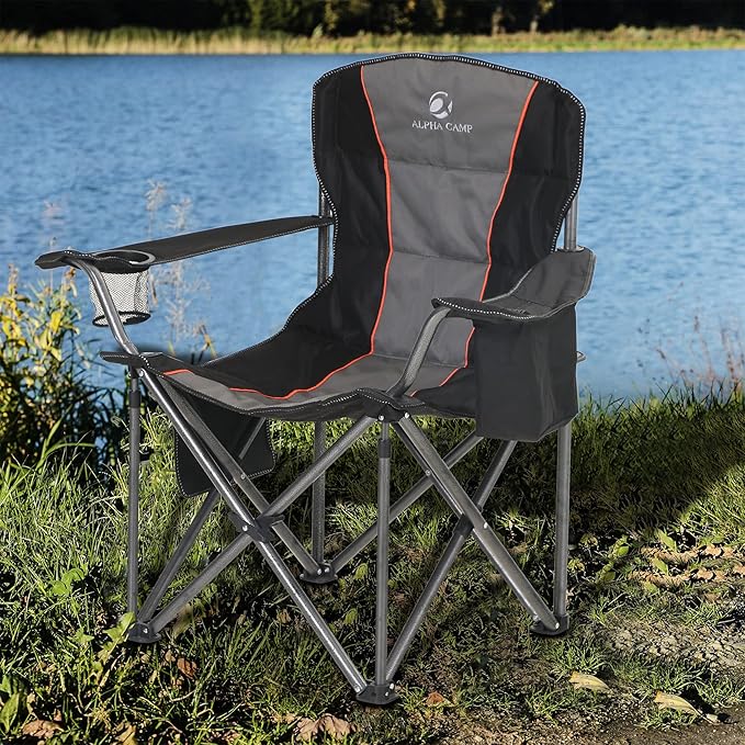 ALPHA CAMP Folding Camping Chair Oversized Heavy Duty Padded Outdoor Chair with Cup Holder Storage and Cooler Bag 450 LBS Weight Capacity Thicken 600D Oxford Black