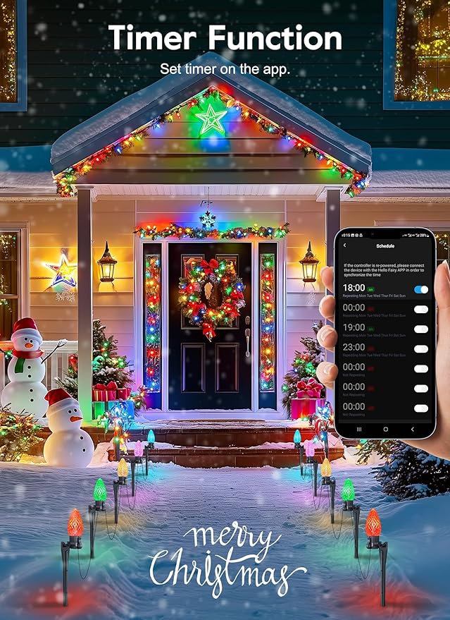 Brightown Smart C9 LED Christmas Lights Outdoor House 50Ft 75 LED RGB Christmas Pathway Lights with 58 Preset Modes App or Remote Control Music Sync Memory and Timer Function for Indoor/Outside