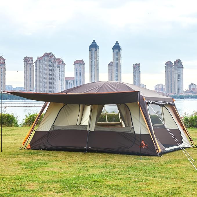 KTT Extra Large Tent 12 PersonFamily Cabin TentsAwning2 Rooms4 Doors and 4 Windows with MeshStraight WallWaterproofDouble LayerBig Tent for OutdoorPicnicCampingFamily Gathering