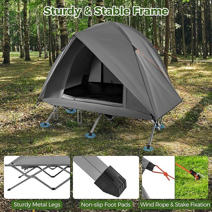 Tangkula 2 Person Tent Cot Portable Off Ground Elevated Camping Tent with Cot Removable Rainfly Wheeled Bag Stakes &amp Wind Ropes for Beach Picnic Hiking Travel