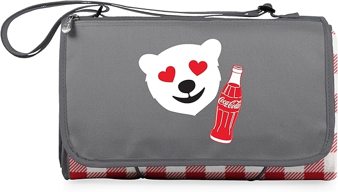 PICNIC TIME Coca-Cola Emoji Blanket Tote Picnic Blanket Folding Outdoor Beach and Camping Blanket with Carry Tote and Zipper Pocket Water Resistant Fleece (Red and White Gingham with Gray Flap)