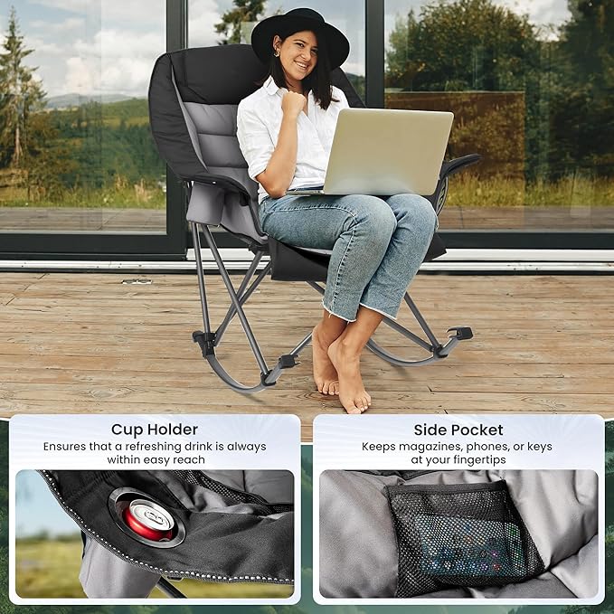 Oversized Rocking Camping Chair for Adults 400LBS Capacity Foldable Outdoor Rocker with Padded Seat Cup Holder Portable Camp Chair for Camping Backyard Patio Beach (Dark Black 2 PCS)