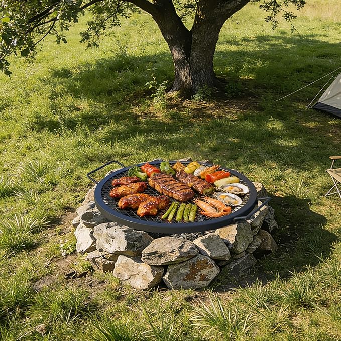 onlyfire Round Fire Pit Grill Grate Heavy-Duty Steel Cooking Grate with X-Marks Design Portable Campfire Grill for Outdoor BBQ Camping Picnics - 30 Inch