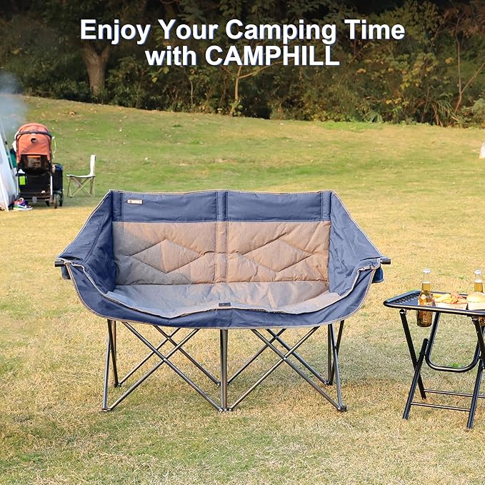 Oversized Double Camping Chair-Heavy Duty 2 Person Folding Loveseat Camp Couch for AdultsPortable Outdoor Lawn Chairs with Padded Seat for FishingSports and PatioSupports 500 LBSBlue