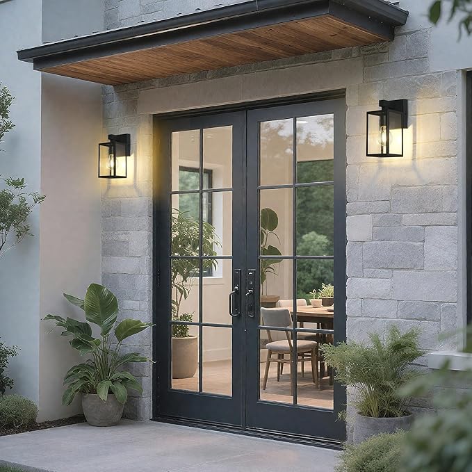 LALUZ Black Outdoor Wall Lights 2 Pack 9.3'' Modern Farmhouse Rectangle Porch Lights Outdoor Wall with Clear Glass Set of 2 Waterproof Anti-Rust Exterior Outside Wall Sconces Lighting Light Fixtures