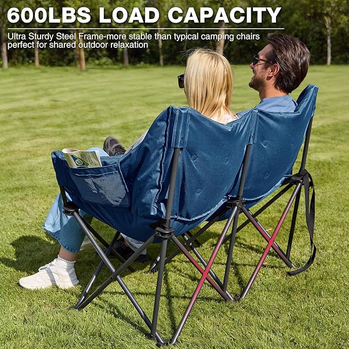 Double Camping Chair Heavy Duty Oversized Padded Loveseat for Adults 2 Person Outdoor Portable Camping Chairs for Lawn Backyard Fishing Trip Support 600lbs Navy