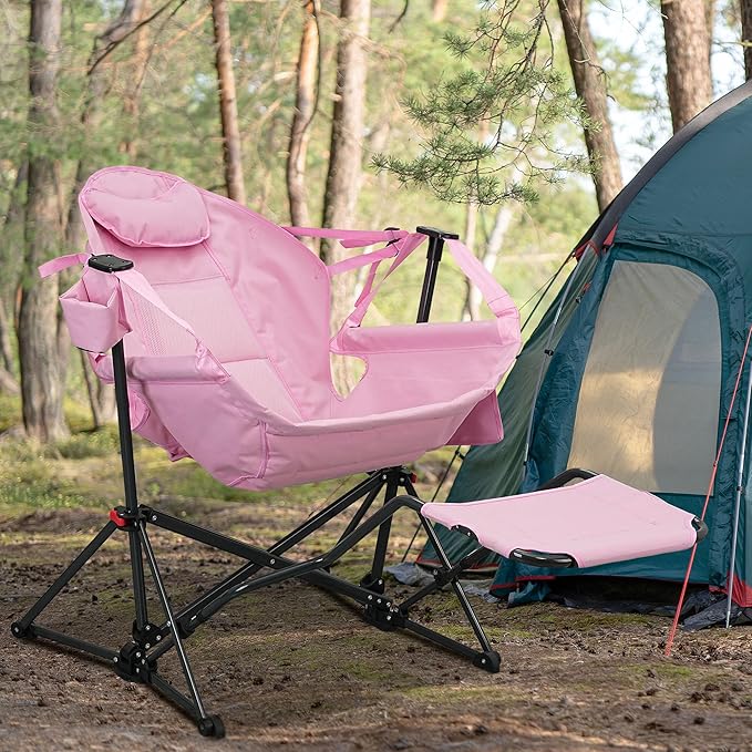 Ainfox Hammock Chair with Footrest Oversized Swinging Portable Folding Camping Chairs for Adults Outside Swinging Camp with Cup Holder Pillow for Outdoor Patio Lawn Pink