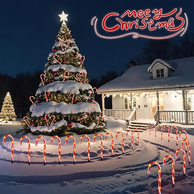 10 Christmas Candy Cane Lights - Set of 10 Pathway Markers Christmas Outdoor Yard Decorations Xmas Candy Cane Stake Lights for Lawn Walkway Garden Xmas Party Indoor Ornaments