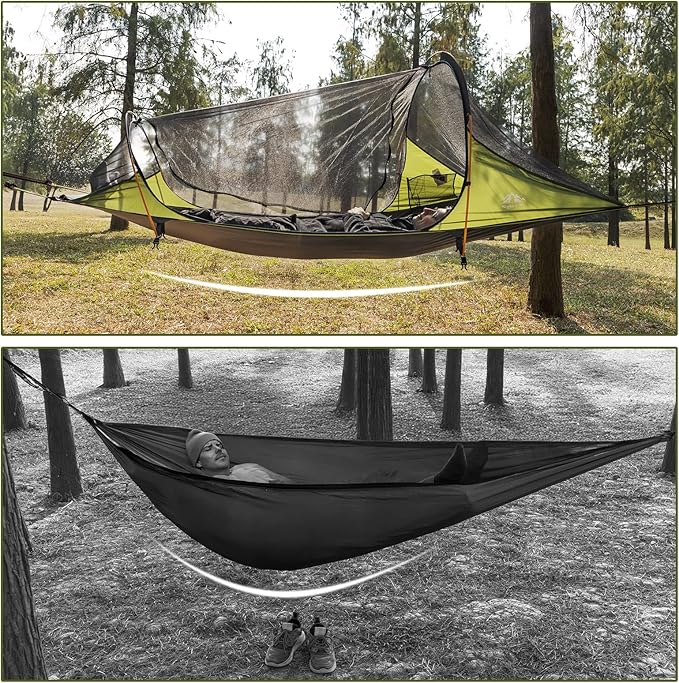 Night Cat Flat Lay Hammock Tent: Portable Lightweight Camping Hammock with Mosquito Net Waterproof Rainfly for 1 Person Outdoor Camping Green