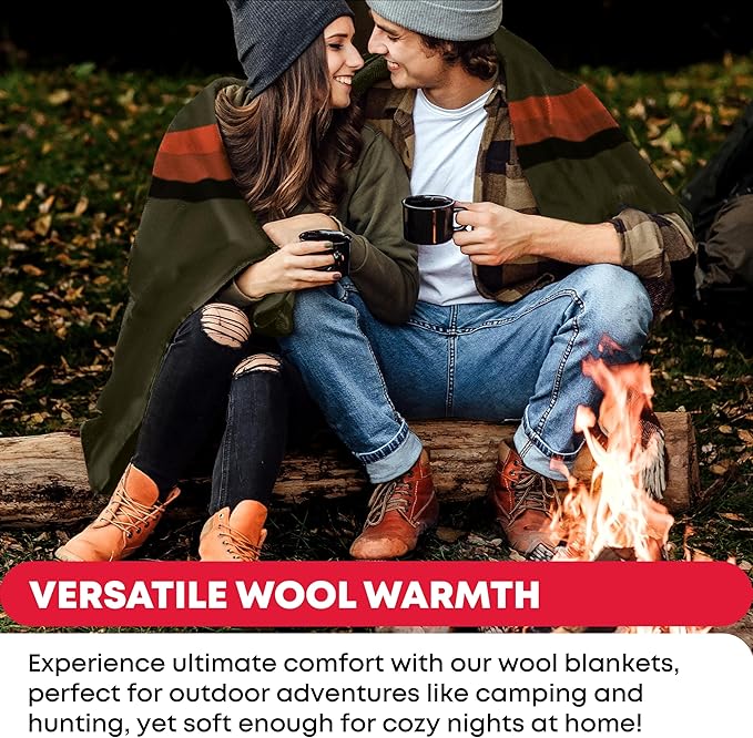 Ever Ready First Aid Military Wool Blanket - 95% Wool Washable Perfect for Outdoors Travel Car &amp Bushcraft Emergency Blanket 96 x 96 6.65 lbs. - Olive Drab Green with Stripes - Queen Size