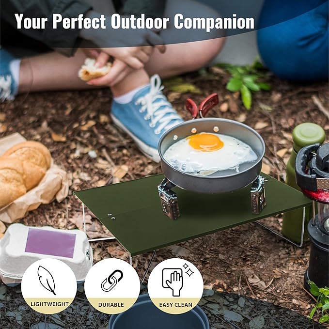 TREKOLOGY Compact Mini Camping Table – Portable Ultralight Folding Design – Small Lightweight Surface for Hiking Backpacking Beach or Nightstand Use – Collapsible Outdoor Gear (Green)