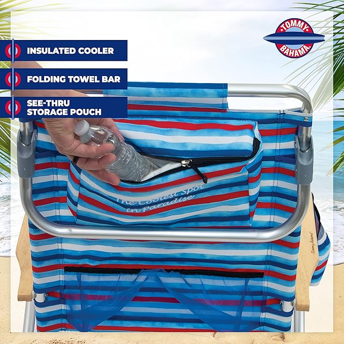 Tommy Bahama 5-Position Classic Lay Flat Folding Backpack Beach Chair Aluminum Red White and Blue Stripe
