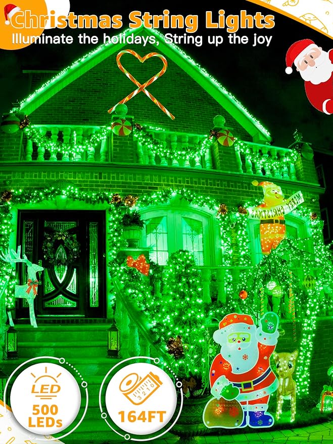 500 LED 164 FT Christmas Lights Waterproof Outdoor String Lights with Remote and Timer Christmas Tree Lights with 8 Modes Dimmable Fairy Lights for Holiday Decor (Green)