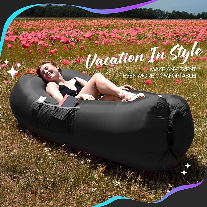 Nevlers Dark Black Inflatable Lounger | 210T Polyester Inflatable Chair | No-Pump Air Couch | Outdoor Inflatable Couch w/ 450lbs. Cap. Pockets &amp Matching Bag | Use as Blow Up Couch for Adults &am