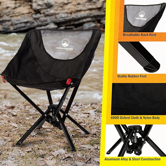 Portable Camping Chair - Compact Foldable and Lightweight Backpacking Chair with Carrying Bag - Backpacking Gear for Picnic Camp Hiking and Outdoor Field Use by Wakeman (Black)