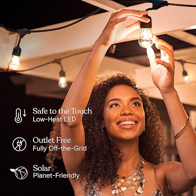 Brightech Ambience Pro Solar Powered Outdoor Patio String Lights - Commercial Grade 27 Ft Waterproof with 12 Edison Bulbs  Shatterproof LED - 2W  Soft White